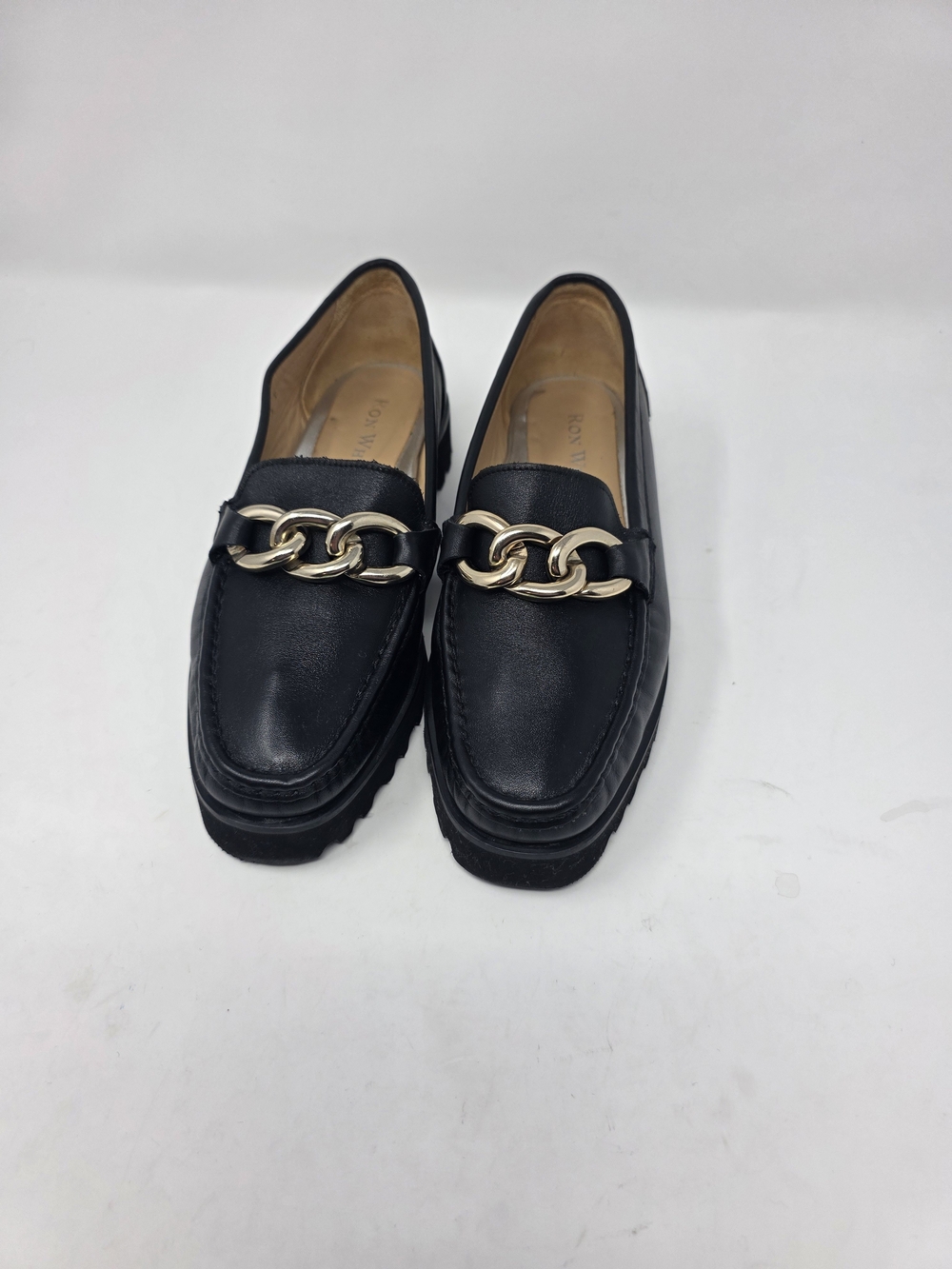 Ron White Black Leather Chain Loafers EU 37.5 US 7–7.5 Made Italy Vibram Sole
